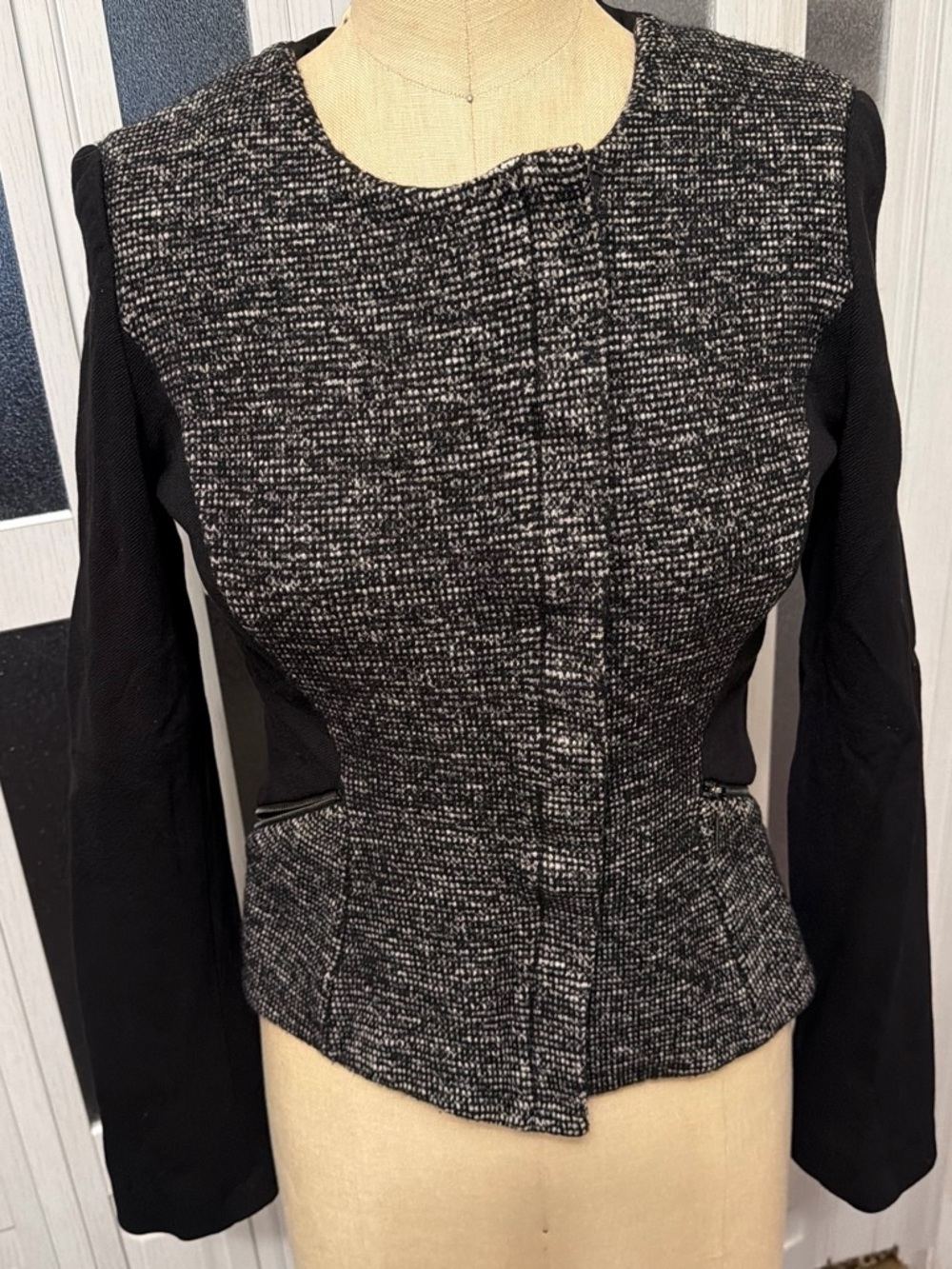Woman’s Black and Gray Tweed Peplum Blazer